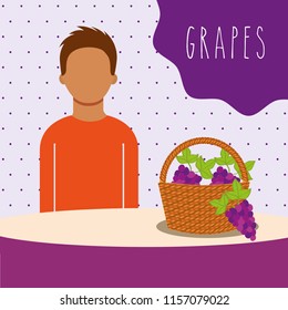 man with wicker basket filled fruit grapes