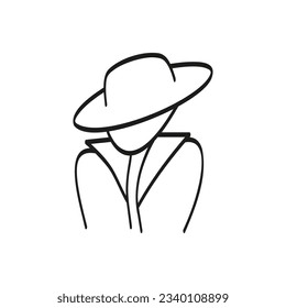 A man in a wide hat and cloak. Vector in hand drawn style. Outline and line style.