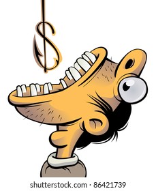 Man with wide opened mouth trying to swallow a fishing hook which looks like a dollar sign