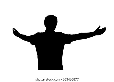 Man with wide spread arms and hands, in gesture of prayer, worship, or hug. Vector silhouette, graphic element.