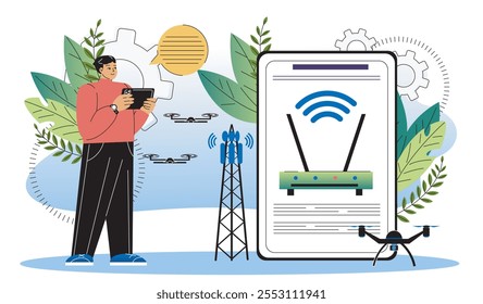 Mann mit WiFi-Router. Junger Mann in der Nähe von Internet Tower. 5g Internet, drahtlose Verbindung. Person mit Gerät für Wi-Fi-Verbindung. Flache Vektorgrafik einzeln auf weißem Hintergrund
