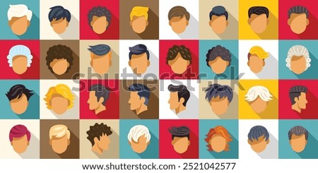 Man wig icons set. Diverse collection of male hairstyles and haircuts are depicted, showcasing a variety of styles for men of different ages and professions