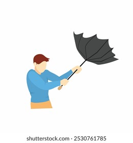 A man wih an umbrella was buffeted by strong winds storm. Broken umbrella cause of bad weather Flat vector illustration.