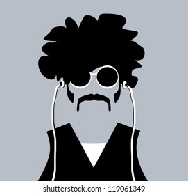 man with wild hair and earphones wearing sunglasses