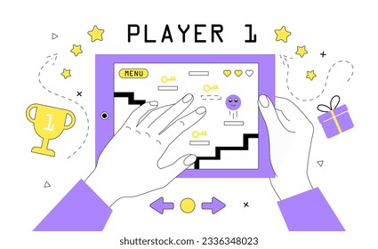 Man win in game at smartphone line. Entertainment and fun. Video game and arcade on tablet. Gadget and device. Player 1 in menu. Mobile application or program. Linear flat vector illustration