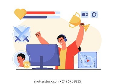 Man win game. Young guy with cup in his hands plays computer games at computer. Cyber athlete winner at competition or tournament. Flat vector illustration isolated on white background