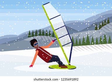 man windboarder windsurfing on snow mountains fir tree forest landscape background extreme sport winter vacation concept flat horizontal