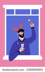 Man in the window celebrate Xmas. Christmas card with cute cartoon character. Flat vector illustration