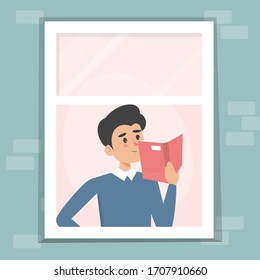 Man at the window. Character sitting at home in quarantine. Stay home, stay healthy. Male person standing at the window and reading a book.