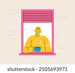 Man at window with coffee. Windows person enjoy drinking coffee. Colorful vector illustration
