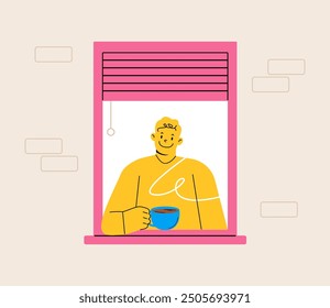 Hombre en la ventana con café. Persona de Windows disfruta tomando café. Ilustración vectorial colorida
