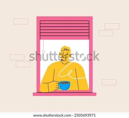 Man at window with coffee. Windows person enjoy drinking coffee. Colorful vector illustration
