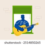 Man at window with guitar. Man playing guitar at home. Colorful vector illustration
