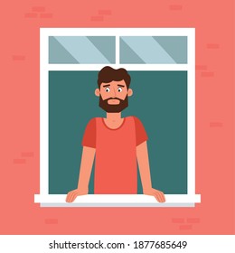 Man in window hygge style design ilustration - Vector