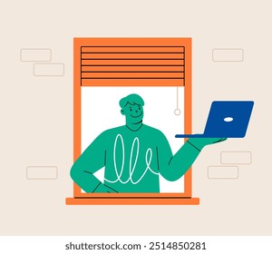 Man at window with laptop. Man working at home. Colorful vector illustration
