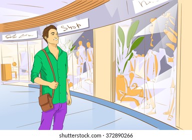 Man Window Shopping Modern Luxury Shop Mall Center Vector Illustration