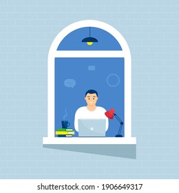 A man in windows house look out of room or apartment, work on a laptop, Concept people sit at home, working, studying and rest. Home isolation. lockdown.