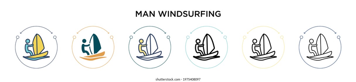 Man windsurfing icon in filled, thin line, outline and stroke style. Vector illustration of two colored and black man windsurfing vector icons designs can be used for mobile, ui, web
