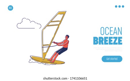 Hombre windsurf en el océano sobre el fondo de la página web de aterrizaje de plantilla. Caricaturista montando en tablas de windsurf. El concepto de las vacaciones de verano en la playa. Ilustración vectorial lineal