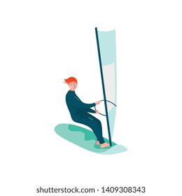 Man Windsurfing in the Sea, Guy Doing Sports and Relaxing, Summer Outdoors Activities Vector Illustration