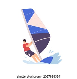 Man windsurfing, standing on board with sail on waves. Windsurfer riding and surfing sailboard. Boardsailing, extreme summer water sport. Flat vector illustration isolated on white background