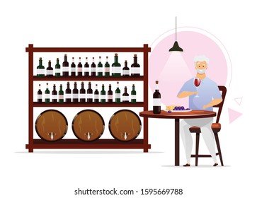 Man in wine cellar flat color vector illustration. Winemaking, vinification. Winemaker with glassful. Bottles and barrels on shelves. Winery storage room. Isolated cartoon character on white