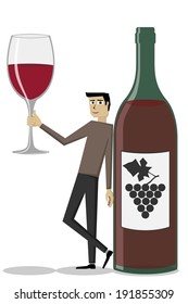 Man with a wine glass in his hand and he stand with his back on a bottle of wine.