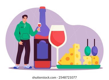 Hombre con vino. Joven con un vaso de bebida alcohólica cerca del queso. Persona con alcohol y bebida. Bodega y viticultura. Ilustración vectorial plana aislada sobre fondo blanco