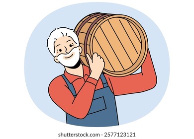 Man winery owner carries barrel of wine on shoulder and smiles, rejoicing at good grape harvest. Elderly human farmer makes craft wine from organic ingredients according to traditional italian recipe