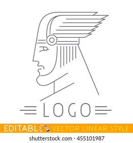 Man in winged helmet. Head of Greek or Viking god. Thin line icon. Logo template. Editable vector graphic in linear style.