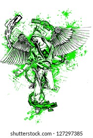 man with wings in chains, urban art - hand-drawn illustration
