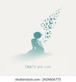 Man with wings. Death, afterlife. Flying bird in fog. Isolated outline