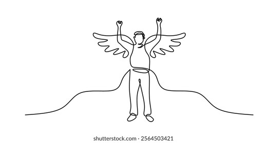 A man with wings lifting his hands in continuous line drawing. Depicting freedom, self expression, and embracing limitless potential. Vector illustration hand drawn.