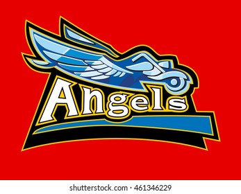 Man with wings on a motorcycle driving on the road. Vector illustration for biker club Angels, labels, badges, logotype and design elements. Isolated on red background