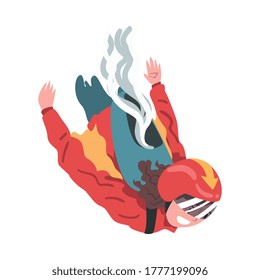 Hombre con traje de ala que cae por el aire, el submarinismo con paracaídas, el hobby extremo o la ilustración vectorial de dibujos animados deportivos