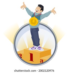 Man winner in first place on podium. Triumph of male. Illustration concept for mobile website and internet development.