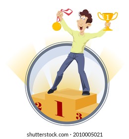 Man winner in first place on podium. Triumph of male. Illustration concept for mobile website and internet development.