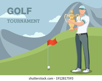 man winner getting first prize. First place champion trophy reward. achievement concept for banner