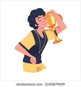 Man Winner Holding Golden Cup as Trophy and Award Vector Illustration