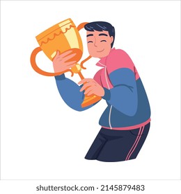 Man Winner Holding Golden Cup as Trophy and Award Vector Illustration