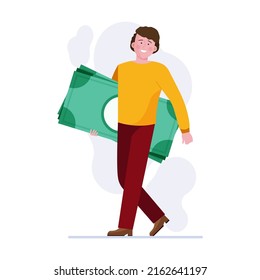 Man winning cash prize. Heap of money, bath with dollars, sack of banknotes flat vector illustration. Wealth, income, profit concept
