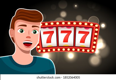 Man winning jackpot at slot machine. Colorful cartoon surprised character vector illustration. Happy guy winner with open mouth and wide eyes standing near glowing game machine casino equipment
