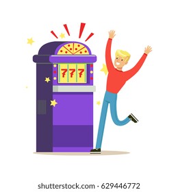 Man winning jackpot at slot machine. Colorful cartoon character vector Illustration