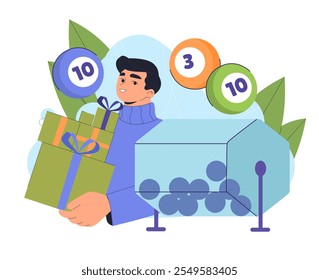 Man winning lottery. Young guy with gift boxes and balloons with numbers. Games for luck and fortune, gambling. Loto and casino, bingo. Flat vector illustration isolated on white background