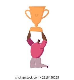 Man in winning party, celebrating success, getting reward, dancing around huge prize cup. Vector illustration for goal achieving, winners, victory, triumph, award, leadership concept