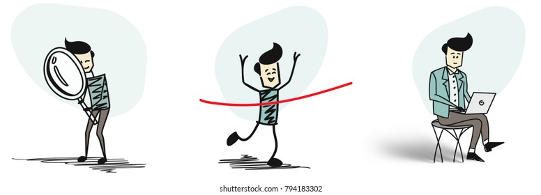 Man winning race coming first to finish ribbon, Investigator looking with magnifying glass, Business man working on laptop. Cartoon Vector background.