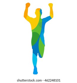 Man winning a race. Runner front view. Abstract colorful vector illustration. For poster, label, banner, web and Brazil Summer 2016 Games Rio de Janeiro. Isolated on white background