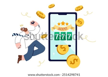Man wins jackpot in mobile casino thanks to luck, jumps to celebrate receiving big cash prize. Victory in internet lottery for successful guy who made bet in game 777 in casino application