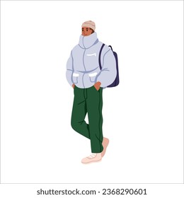 Man in winter apparel, warm jacket, sport shoes, sneakers, hat. Young guy with backpack, wearing casual clothes, outfit for cold season. Flat graphic vector illustration isolated on white background