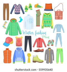 Man Winter Clothes and Accessories Collection with Shoes, Coats and Sweaters. Vector illustration